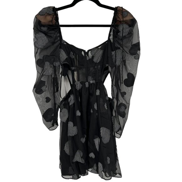 For Love & Lemons Alexandra Long Sleeve Mini Dress Black Hearts Size Small NWT - Picture 6 of 7